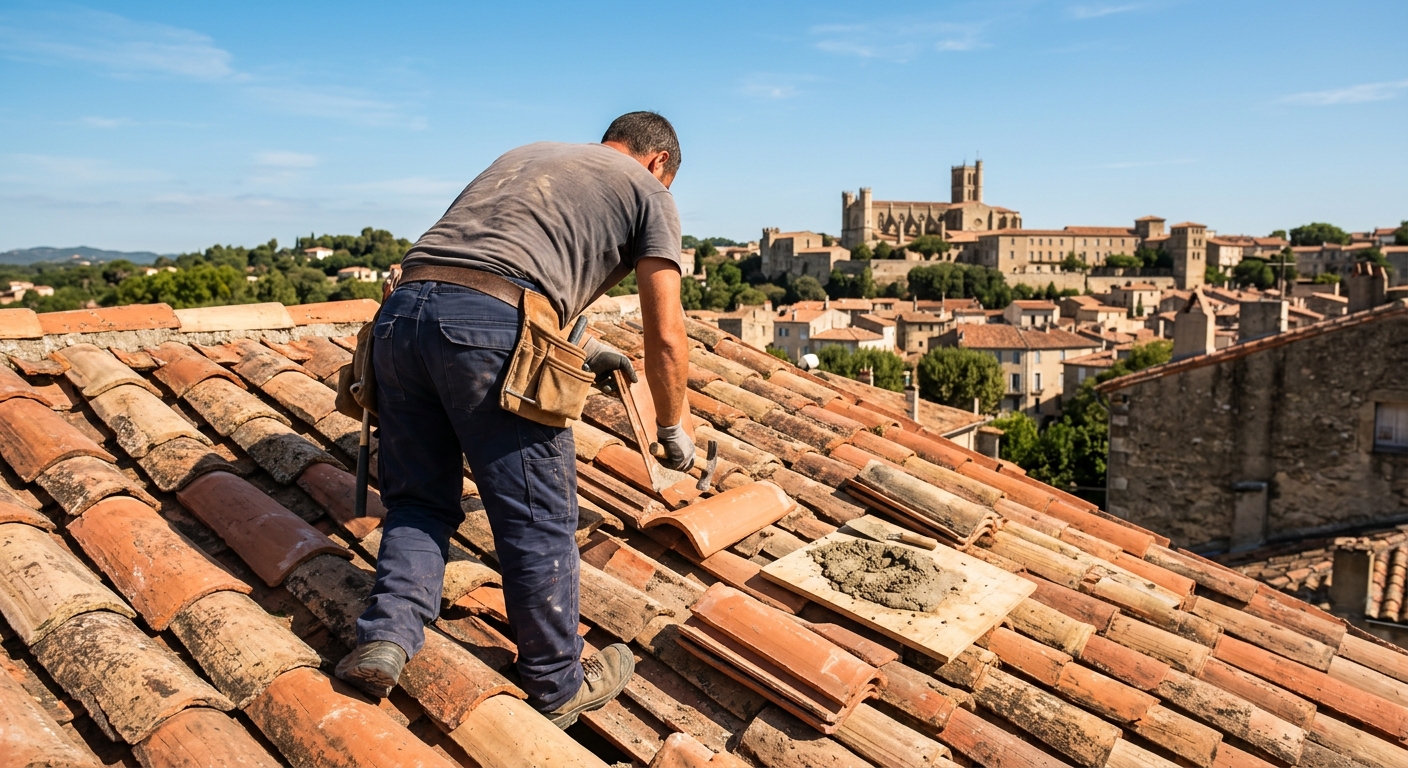 Artisan couvreur professionnel r&eacute;parant une toiture en tuiles &agrave; B&eacute;ziers
