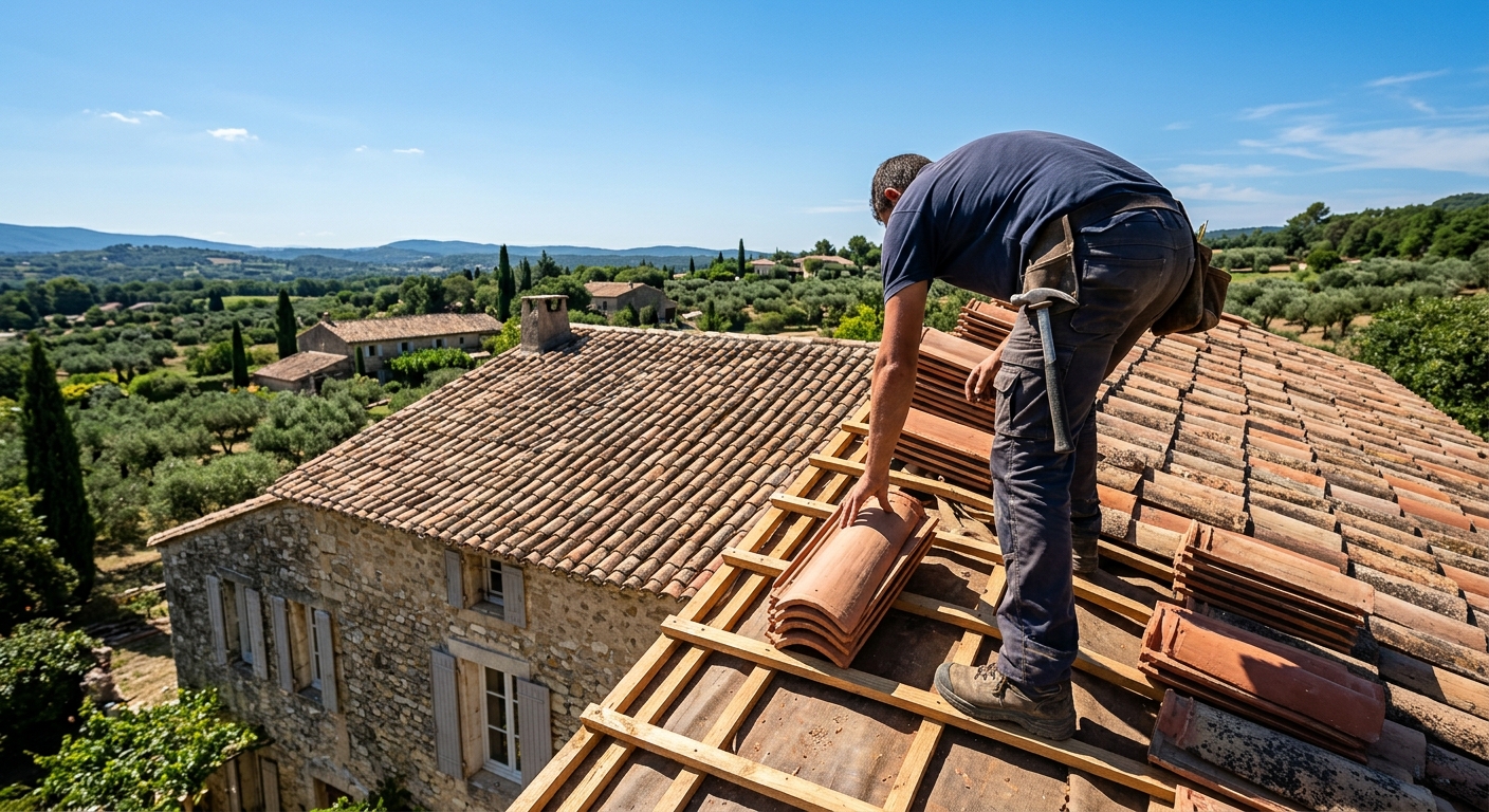 Artisan couvreur r&eacute;alisant une installation de toiture professionnelle &agrave; B&eacute;ziers