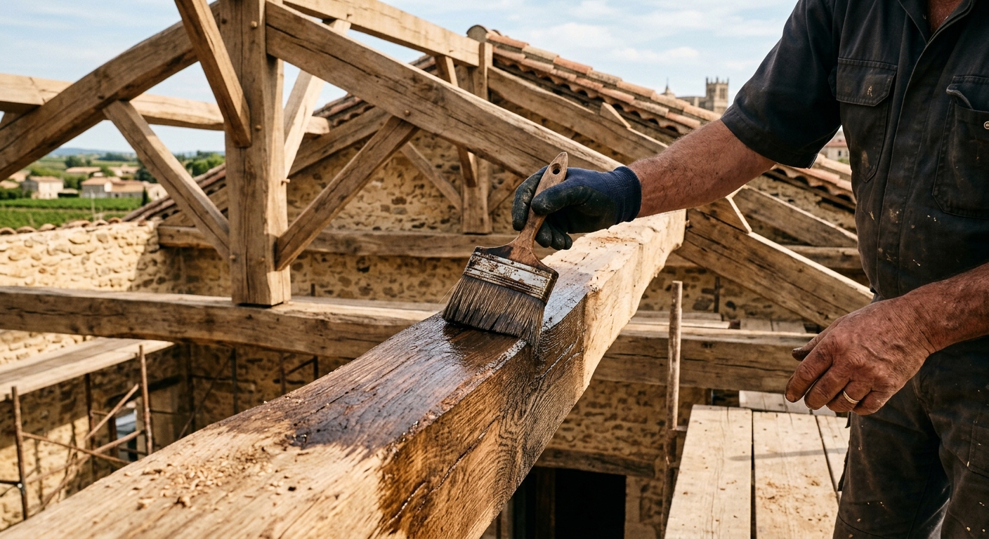 Artisan charpentier traitant une charpente en bois à Béziers